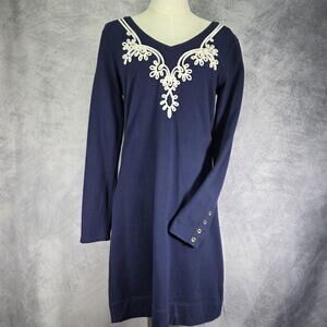 Lilly Pulitzer Dress Womens Medium Navy Blue V Neck Tunic Embroidered Cotton